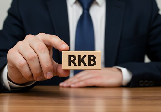 Businessman holding wooden block with rkb letters isolated on white background