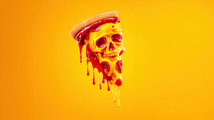 A stylized pizza slice, shaped like a skull, with melted cheese dripping and red sauce, a cartoonish style. on pale cream background. a Halloween theme. 3d illustration.
