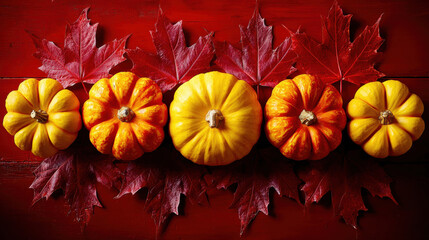 a top view of Pumpkins and maple leaves, on dark wooden background, a Halloween theme. 3d illustration.