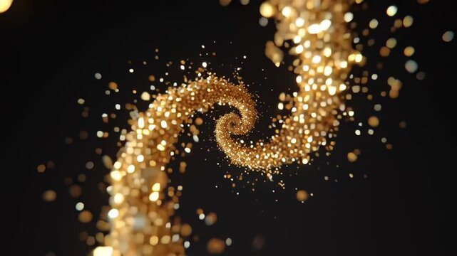 gold foil flakes spiraling in slow motion, celestial swirl pattern, soft shimmer glow, luxury golden particles zero gravity, cosmic elegance, premium wedding invitation 4K cinematic lighting