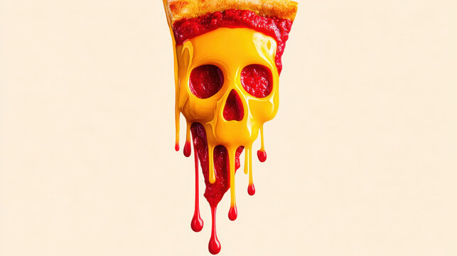 A stylized pizza slice, shaped like a skull, with melted cheese dripping and red sauce, a cartoonish style. on pale cream background. a Halloween theme. 3d illustration.
