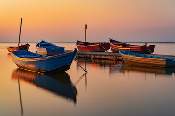 Fototapeta premium Colorful fishing boats rest on calm water at sunset reflecting the sky