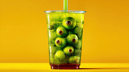 A illustration of a bubble tea drink. with a light green textured surface. eyeballs floating within .The style is a cute whimsical illustration spooky. a Halloween theme. 3d illustration.