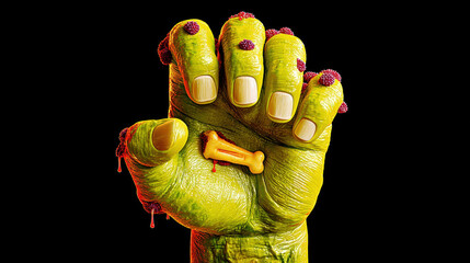A stylized, cartoonish, zombie hand, Halloween-themed. 3d illustration. isolated on black background.