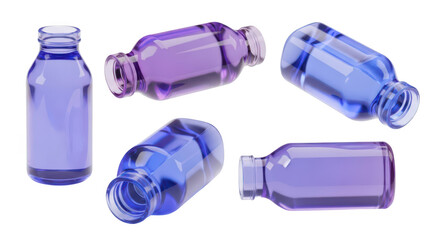 Glass vials filled with colored liquid scattered on white background suggesting scientific research or pharmaceutical applications
