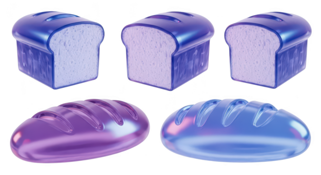 3D rendering of colorful loaves of bread arranged isolated on white background suitable for website graphics or advertising