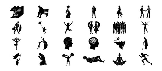 Vector art of silhouettes of people in various activities and poses on a transparent background