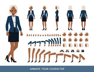 Business woman white hair color wear blue suit character constructor. Flat design vector kit with poses and emotions for animation and explainer videos.