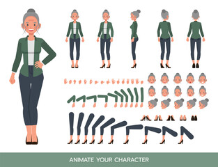 Business woman with white hair tied up wear green shirt character constructor. Flat design vector kit with poses and emotions for animation and explainer videos.