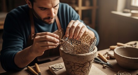 Male Artisan Creating Intricate Wooden Ornaments in Rustic Workshop