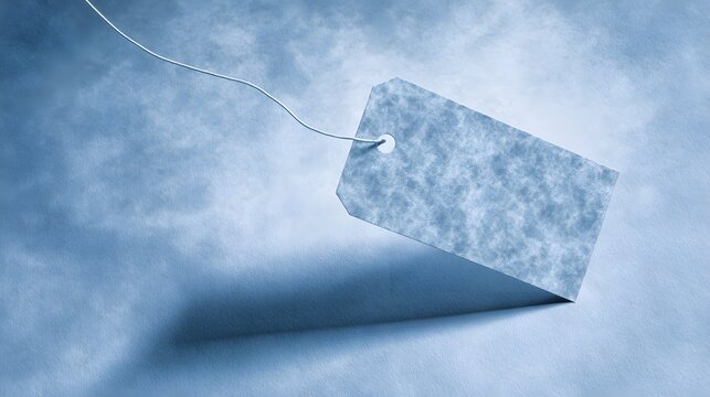 Vintage paper tag floating in blue space with abstract texture, minimalist design concept.