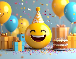A cheerful emoji wearing a party hat celebrates with presents balloons and a birthday cake