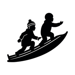 Children Sledding Down Snowy Hill in Winter Landscape silhouette Art Vector illustration