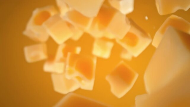 Super Slow Motion Shot of Cheese Cubes Falling Around Camera at 1000 fps.