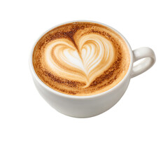 Classic white cappuccino cup filled with coffee, latte art heart on top, isolated white background. PNG