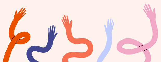 Multicolored flexible human hands. Human hands. Diverse group of people. People equity help. Comic hands.