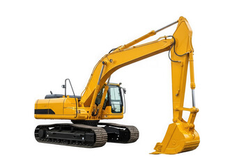 A yellow excavator isolated on transparent background is ready for construction