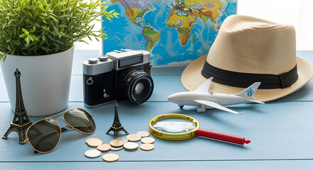 Travel Theme Still Life Featuring Hat Camera Sunglasses Airplane Model and Eiffel Tower Souvenirs on Blue Wooden Table