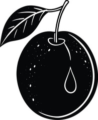 Stylized Plum Fruit Illustration with Leaf in Black and White silhouette