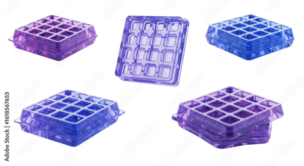 Poster colorful translucent waffle molds isolated on white background showing food-making tools with shadow