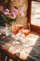 Three glasses of rosé wine on a rustic wooden table with soft sunlight and pink roses in the background.