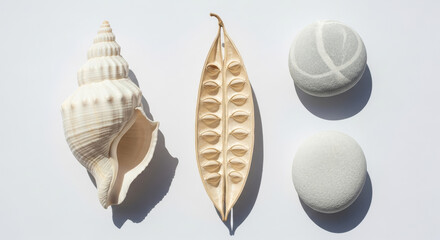 Illustration of seashell, seed pod, and stones isolated on white background