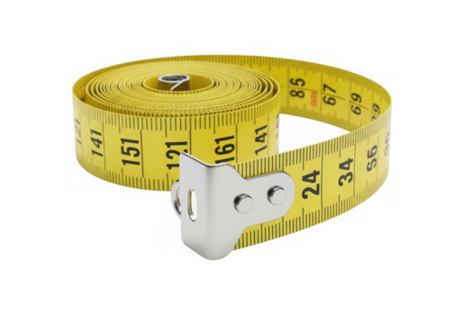 A yellow measuring tape isolated on transparent background is coiled up