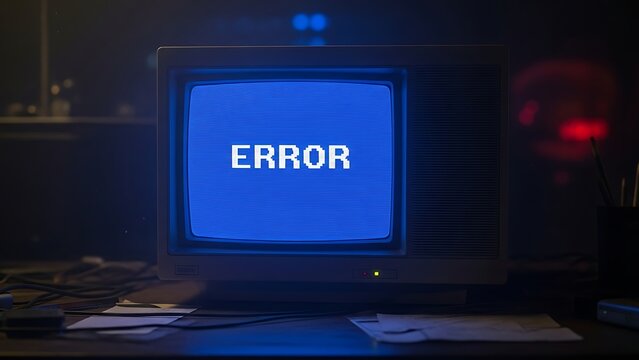 Retro CRT monitor showing a blue error screen with pixelated white text. Nostalgic depiction of system failure or classic BSOD warning, perfect for tech or hacker-themed designs.