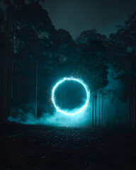 Glowing Blue Sphere in Foggy Woods at Night