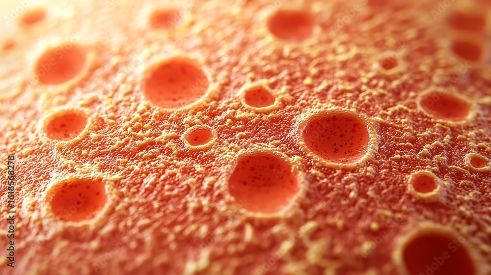 Poster a close-up view of a textured surface featuring prominent, circular depressions, showcasing vibrant 