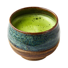 Cup of green matcha tea in traditional Japanese ceramic cup, isolated white background. PNG