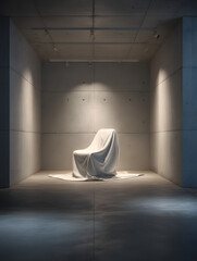 Lonely Draped Chair in Concrete Gallery with Spotlight