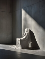 Mystery Object under Cloth in Minimalist Exhibition Space