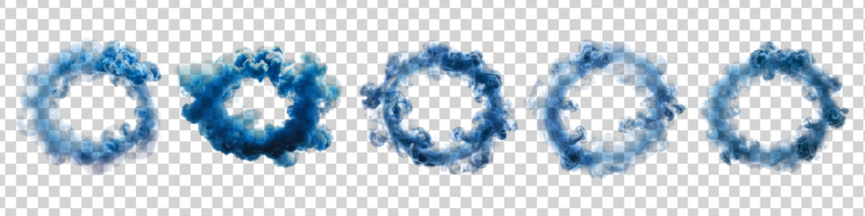 Vector set of blue cloud smoke ring frames isolated on transparent background.