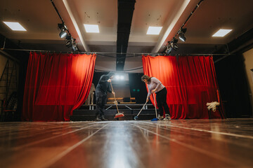 Two people collaborating to clean a theater stage with red curtains under professional lighting, preparing the performance space.