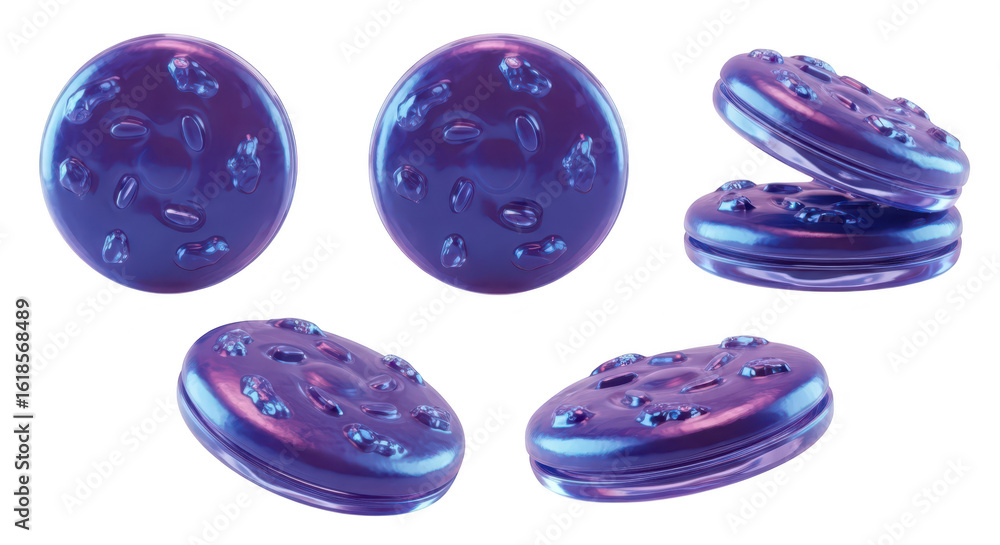 Poster 3d render of shiny vibrant cookies assorted views isolated against a clean white backdrop for advert