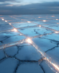 Cracked Ice Surface with Futuristic Glowing Lines