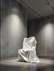 Mysterious Chair Covered in White Cloth under Spotlight