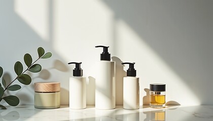 Minimalist skincare products with an elegant and simple mood for beauty and self-care against a brightly lit background with copy space