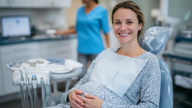 A serene expectant mother in her second trimester awaits dental care in a bright, modern clinic.