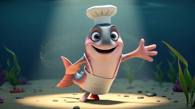 Cute Cartoon Fish Chef Waving Hello, Suitable for Kids&rsquo; Education and Creative Content