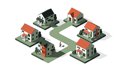 Charming Neighborhood Illustration Featuring Cozy Homes and a Person Walking Their Dog Along a Serene Pathway in a Vibrant Community Setting with Lush Greenery