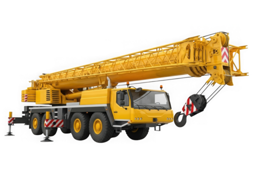 A large yellow crane truck is ready for a construction project isolated on transparent background - Powered by Adobe