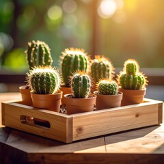 Small cacti in wooden tray, sunny day