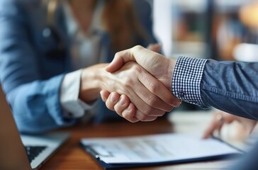 A scene in a business setting where two people shake hands, with data charts spread out on the table. It is suitable for corporate business cooperation, brochures, and workplace training materials.