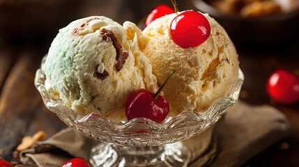 A bowl of ice with cher and a cherry