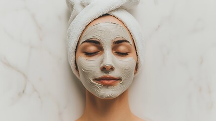 A serene woman with a facial mask relaxes with her eyes closed, wrapped in a towel against a marble background.