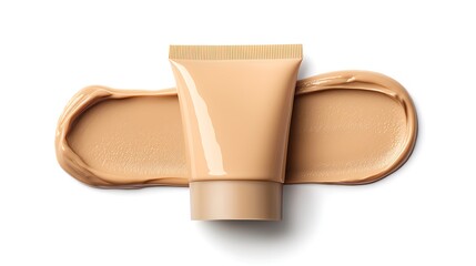 A tube of foundation with a creamy texture displayed alongside a smooth swatch, showcasing a natural skin tone for beauty applications.