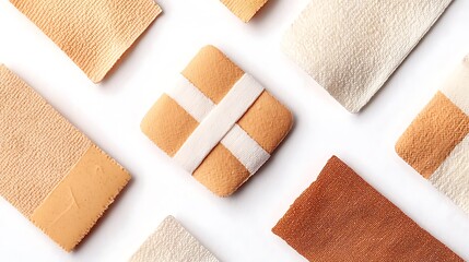 A variety of adhesive bandages arranged on a white background, showcasing different sizes and textures, emphasizing their practical use for minor injuries.