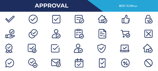 Approval Line Icons Pack – Unique Checkmark, Verified, Certified, and Thumbs-Up Symbols 